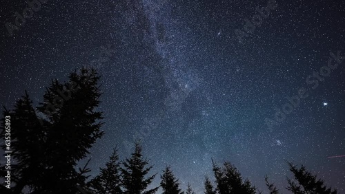 4k time lapse video, star sky nature landscape, view to Milky Way with trees in foreground during a night of Perseid Meteor Shower observation, a colourful shooting stars. Astronomy concept video. photo