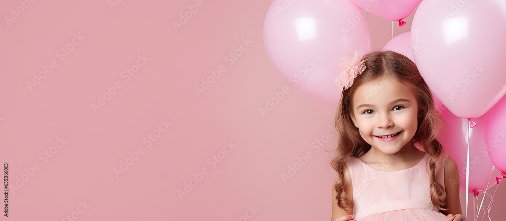 Happy birthday party concept with a cute girl in a princess dress holding a balloon on a pink background with a banner