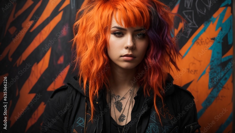 A woman with vibrant orange hair and multiple piercings posing in front of a colorful wall