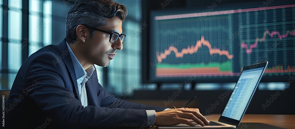 Mature CEO of Indian or Latin origin using laptop in contemporary office analyzing online data and devising tech strategy Mature CEO of Indian or Latin origin using laptop in contemporary office analyzing online data and devising tech strategy