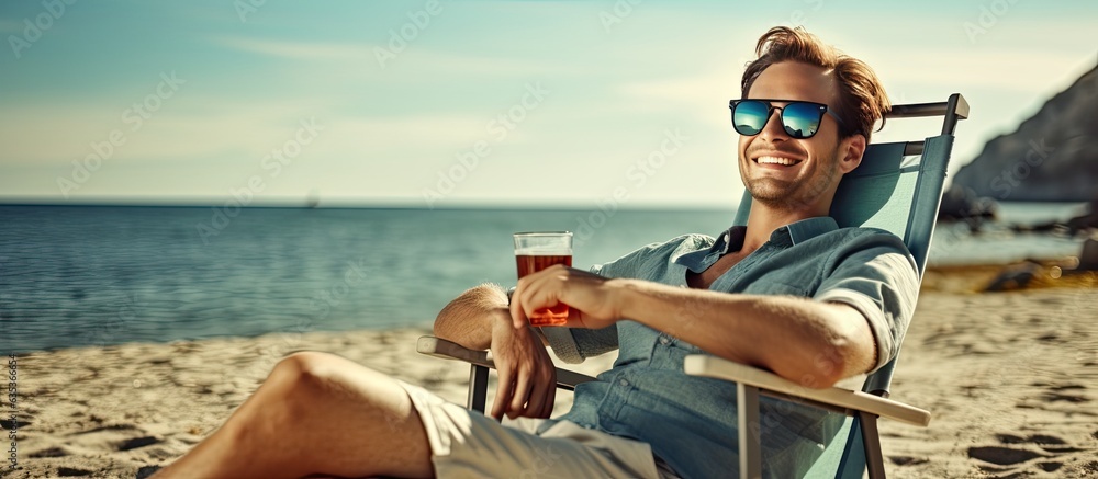 Smiling guy enjoying outdoor leisure on beach rocks drinking soda