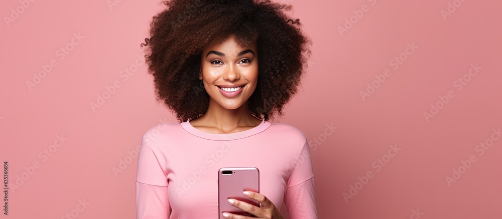 African American woman holding phone pink background online shopping concept African American woman holding phone pink background online shopping concept