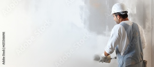 A construction worker sands plasterboard walls with stucco wearing safety gear photo