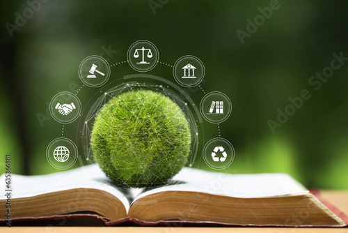 Environment Law. Green globe placed on a law book with icons. law for principles of sustainable environmental conservation.environmental protection and eco-friendly legislation law. International Law