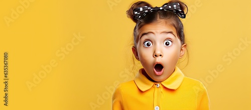 Obraz na płótnie Surprised girl with ponytails pointing at empty space for promotion on a yellow background w salonie
