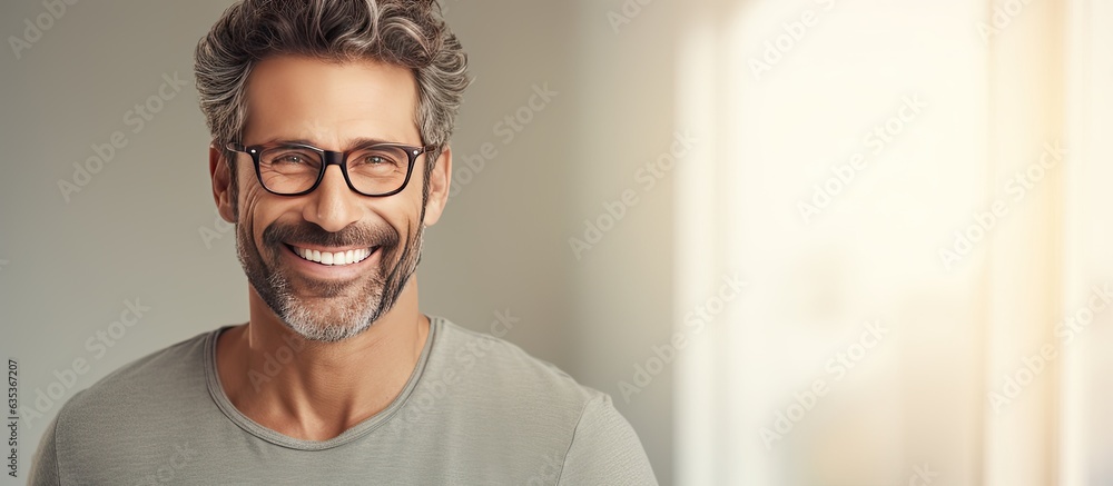 A joyful adult white man with a beard and glasses stands happily at home with room for text - obrazy, fototapety, plakaty 