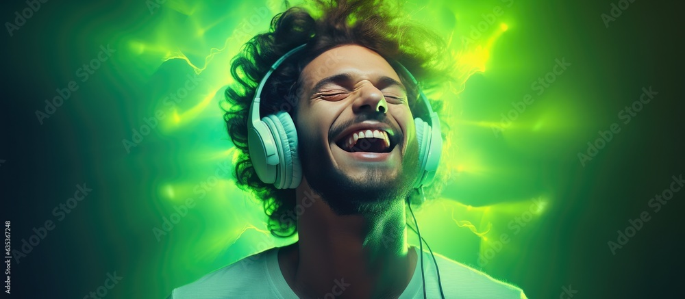 A happy DJ style man with closed eyes dancing and singing while wearing headphones on a green background with neon light