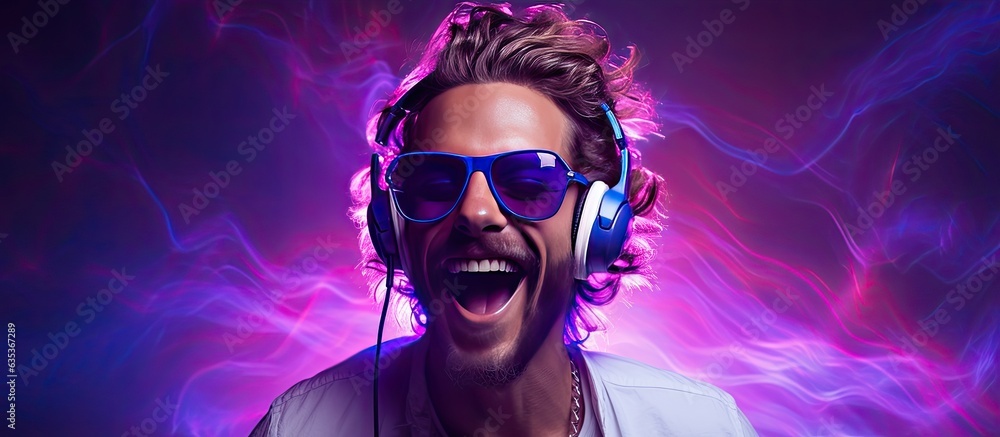 Man dancing and listening to music with headphones DJ s happiness and smile hipster lifestyle purple background with neon lights room for text