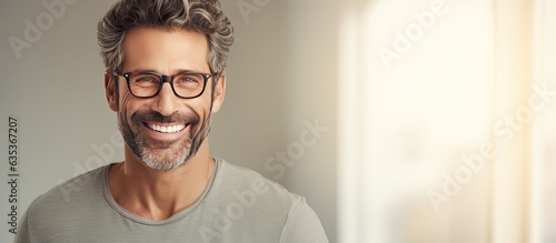 A joyful adult white man with a beard and glasses stands happily at home with room for text