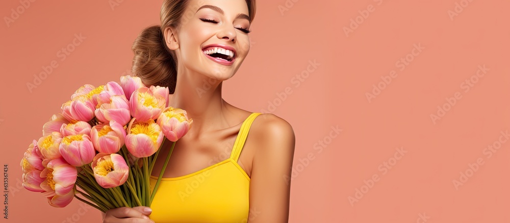 Caucasian girl with yellow tulips enjoying scent isolated on pink background