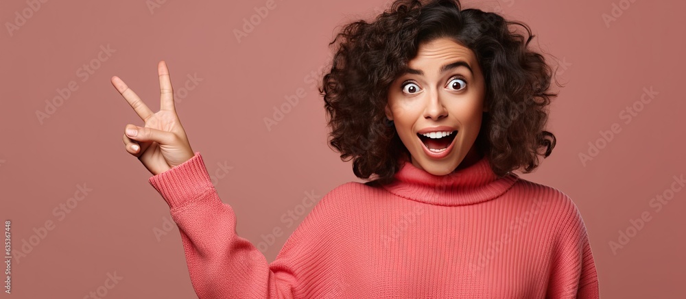 Excited and surprised young woman pointing to side and upwards with copy space Excited and surprised young woman pointing to side and upwards with copy space