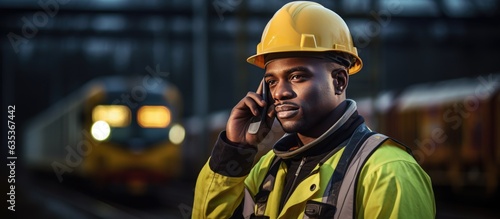 Serious black maintenance worker on railway tracks talking on phone copy space