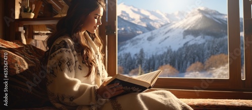 Woman reading near window with mountain view at countryside homestay in morning sunrise surrounded by winter coats and blankets