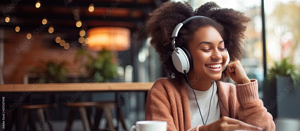 Joyful black woman enjoying music on laptop at cafe Joyful black woman enjoying music on laptop at cafe