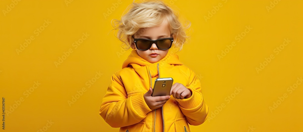 Blond child in yellow jacket taking selfie with mobile phone on yellow background Blond child in yellow jacket taking selfie with mobile phone on yellow background