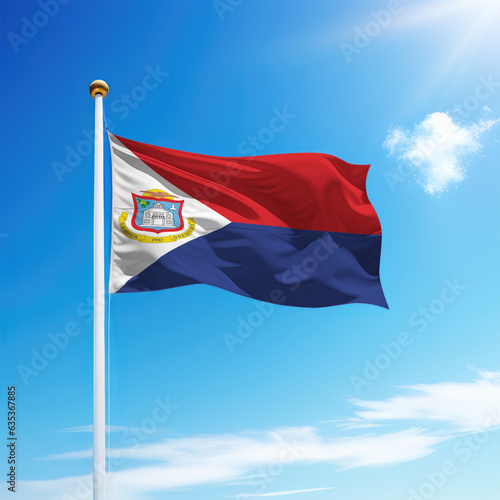 Waving flag of Sint Maarten on flagpole