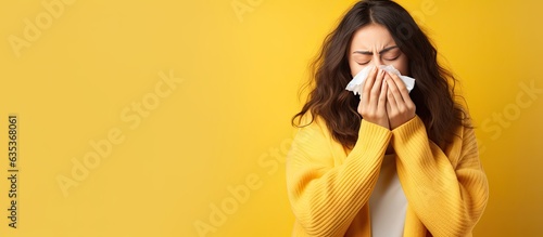 Ill woman with flu isolated on yellow background sneezing and blowing nose photo