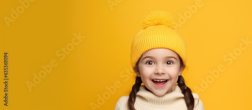 Happy girl with ponytails wearing beanie hat standing isolated over yellow background presenting copy space for promotion