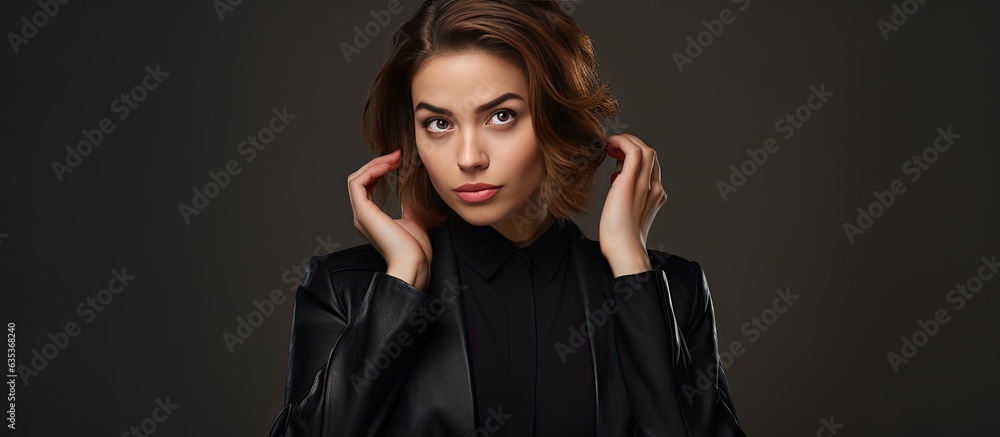 A frustrated young businesswoman in a black jacket gesturing with an open palm and pointing to her forehead A frustrated young businesswoman in a black jacket gesturing with an open palm and pointing to her forehead