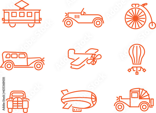 Ilustracje liniowe zestaw retro pojazdów