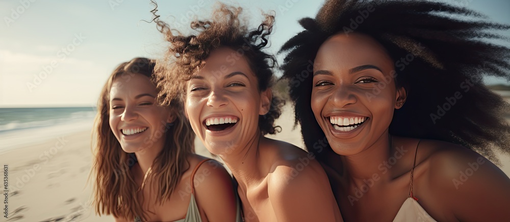 Fototapeta premium Multiracial ladies happily spending time together at the beach enjoying their vacation by the ocean