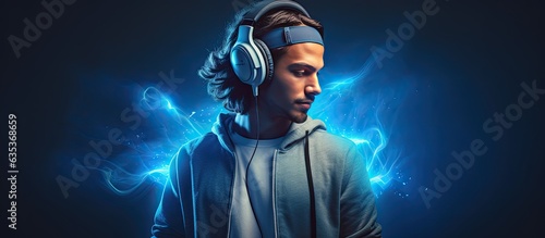 A young male listening to music dancing with a skateboard in a hipster style portrait against a dark blue background with neon lights and mixed lighting a