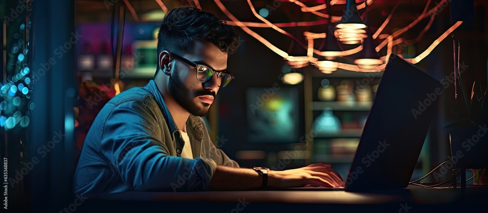 Middle Eastern man with glasses using computer in illuminated booth with space for text