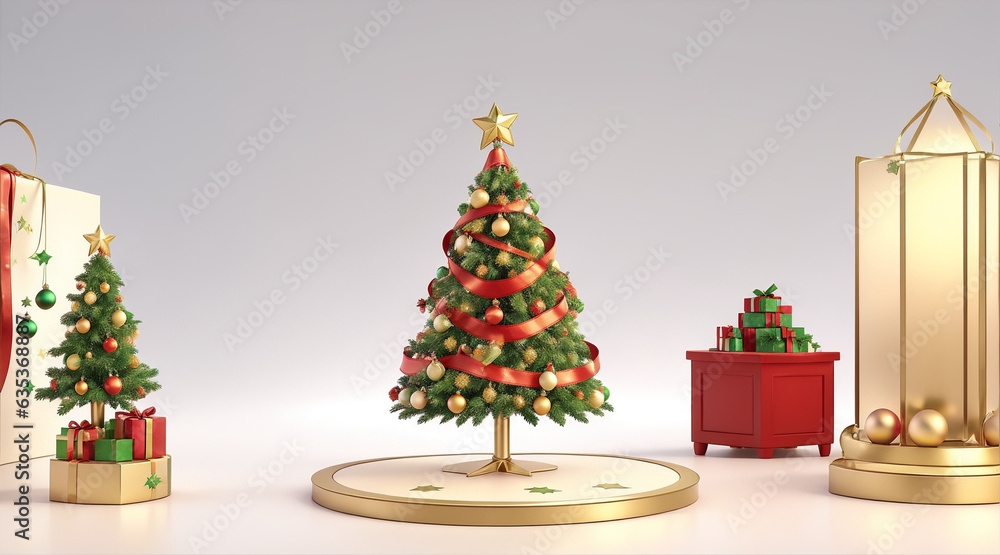 Christmas product podium mockup display background with Chirstmas tree, 3d render background