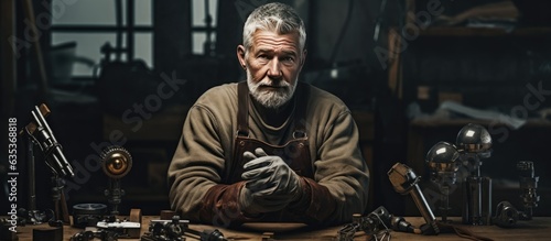 Senior craftsman inspecting hand prosthetics in workshop copy space portrait © HN Works