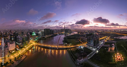 Sunrise on Saigon riverside, Ho Chi Minh city, Vietnam. Photo takon on 10th August, 2023