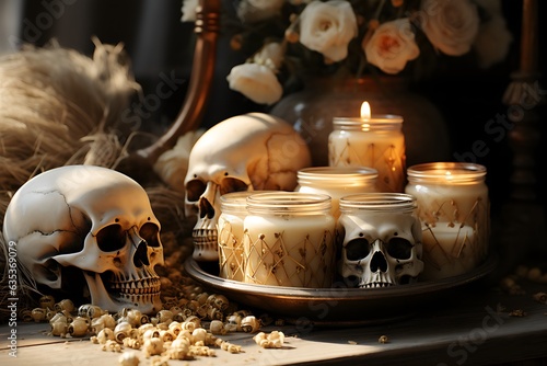 Skulls and candles, halloween entourage. Halloween, spooky season. Ai generated