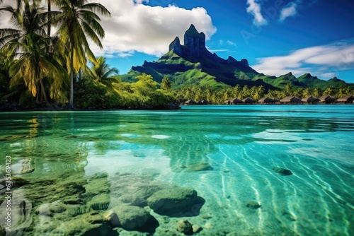Beautiful seascape with mountain and turquoise water. A peaceful and tranquil lagoon in Bora Bora, French Polynesia, AI Generated