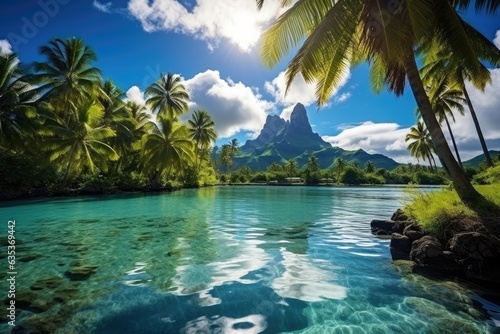 Tropical island with palm trees and lagoon at Seychelles, A peaceful and tranquil lagoon in Bora Bora, French Polynesia, AI Generated