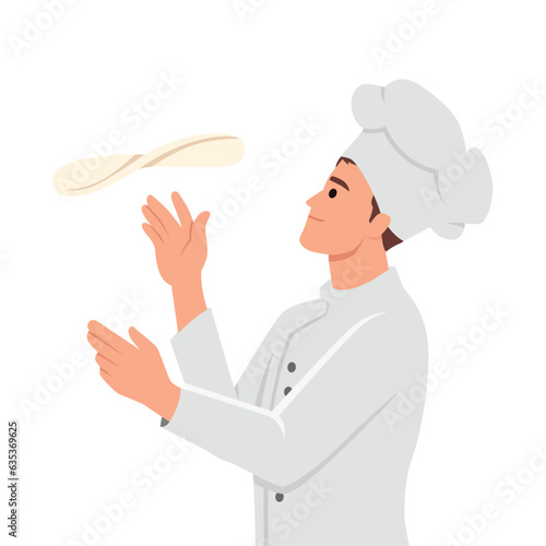 Chef in the uniform spinning pizza dough on the finger. Cook tasty delicious italian food on kitchen. Meal preparation. Flat vector illustration isolated on white background