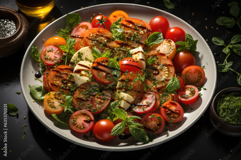 A delicious salad with balsamic vinegar, presented on a white marble table in a flat lay style. Generative Ai. A delicious salad with balsamic vinegar, presented on a white marble table in a flat lay style. Generative Ai.