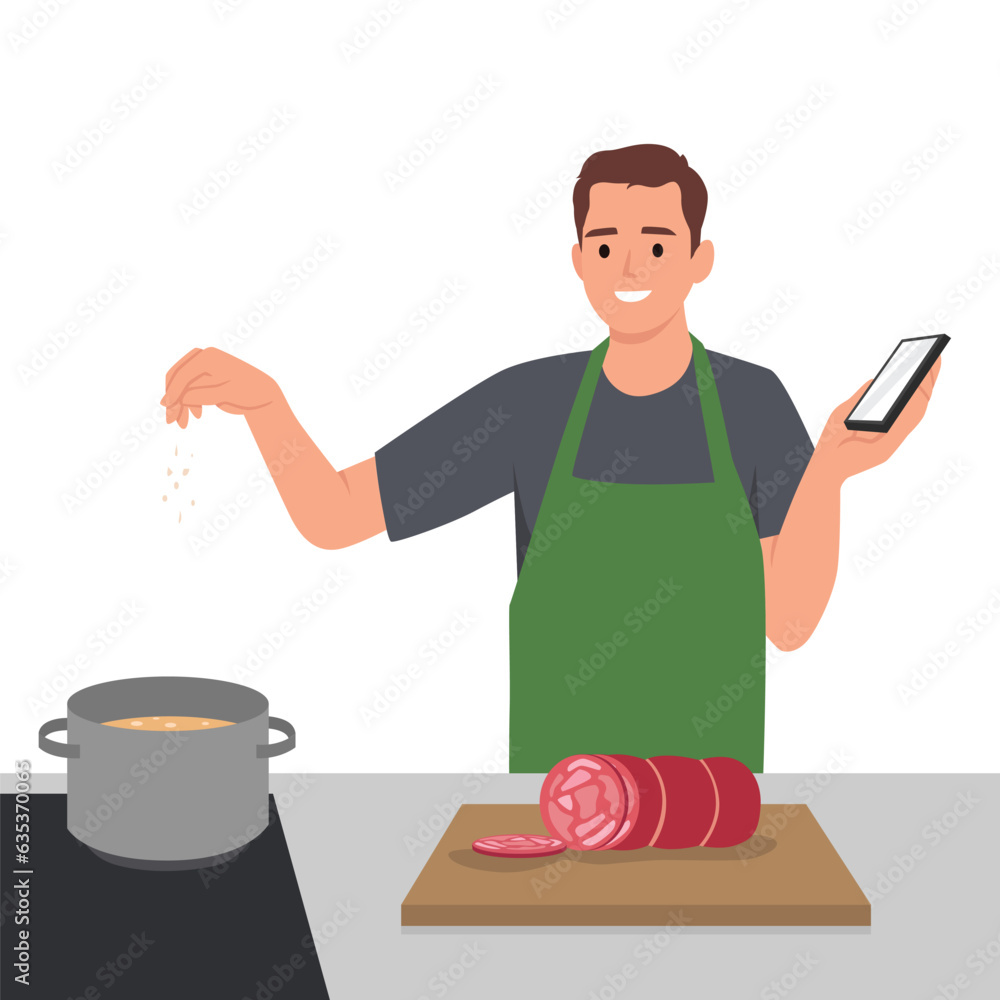 Smiling man cooking soup at home kitchen follow recipe on smartphone screen. Happy male chef prepare delicious food for dinner Smiling man cooking soup at home kitchen follow recipe on smartphone screen. Happy male chef prepare delicious food for dinner