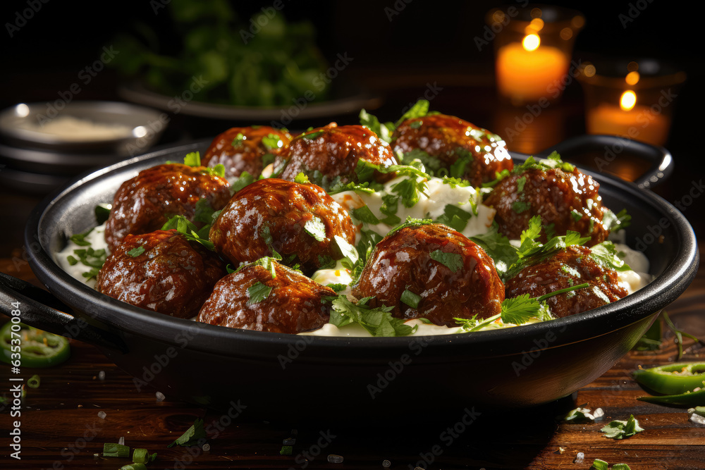 Turkish meatball dish known as kofte, often served spicy with fresh green peppers and pickles. Generative Ai. Turkish meatball dish known as kofte, often served spicy with fresh green peppers and pickles. Generative Ai.