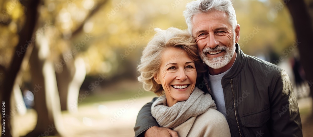 Senior man and woman happily embrace outdoors showing love and joy Senior man and woman happily embrace outdoors showing love and joy