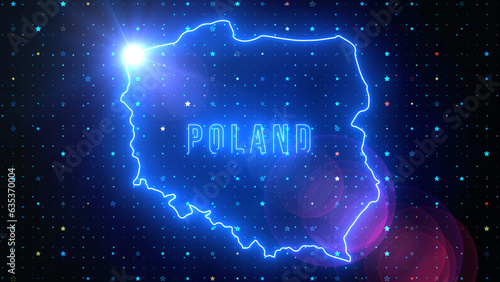 Futuristic Blue Shine Poland Outline Map And Label Text Glowing Neon Light Optical Light Flare With Stars Sparkle Grid Background