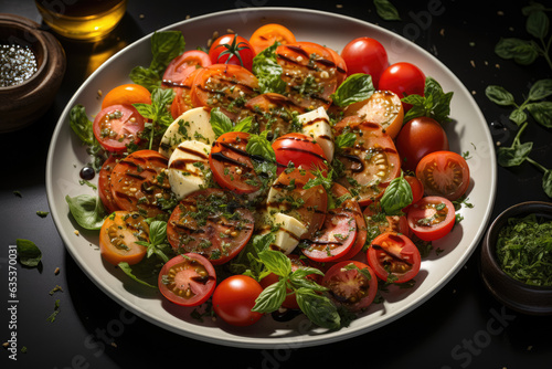 A delicious salad with balsamic vinegar, presented on a white marble table in a flat lay style. Generative Ai.