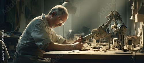 Senior man building leg prosthetics carefully measuring parts in workshop