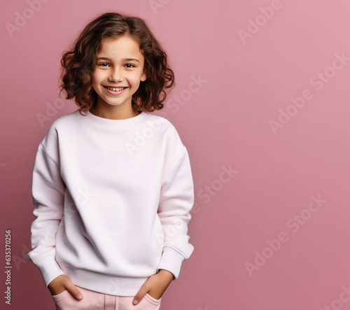 Teeage girl wearing a blank white sweatshirt standing in front of pink wall, studio photo of a girl for mockup, apparel with no print or label, 10 or 13 years old girl