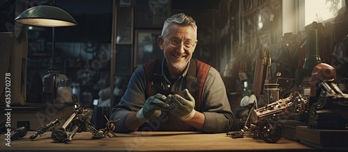 Senior craftsman inspecting hand prosthetics in workshop copy space portrait