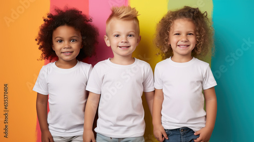 Little children wearing white t-shirts stand in front of colorful wall, studio photo for apparel mock-up, happy smiling toddlers, diverse ethnicity