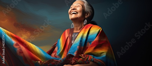 Elderly Latin grandmother wearing a poncho or ruana laughs in front of an empty area photo