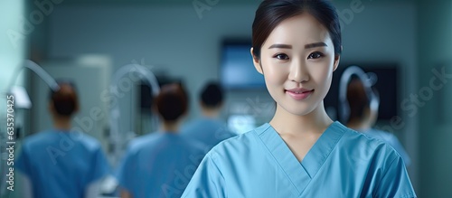 Female Thai surgeon in blue uniform with stethoscope standing smartly in operating room smiling at the camera with a friendly demeanor with copy space ava