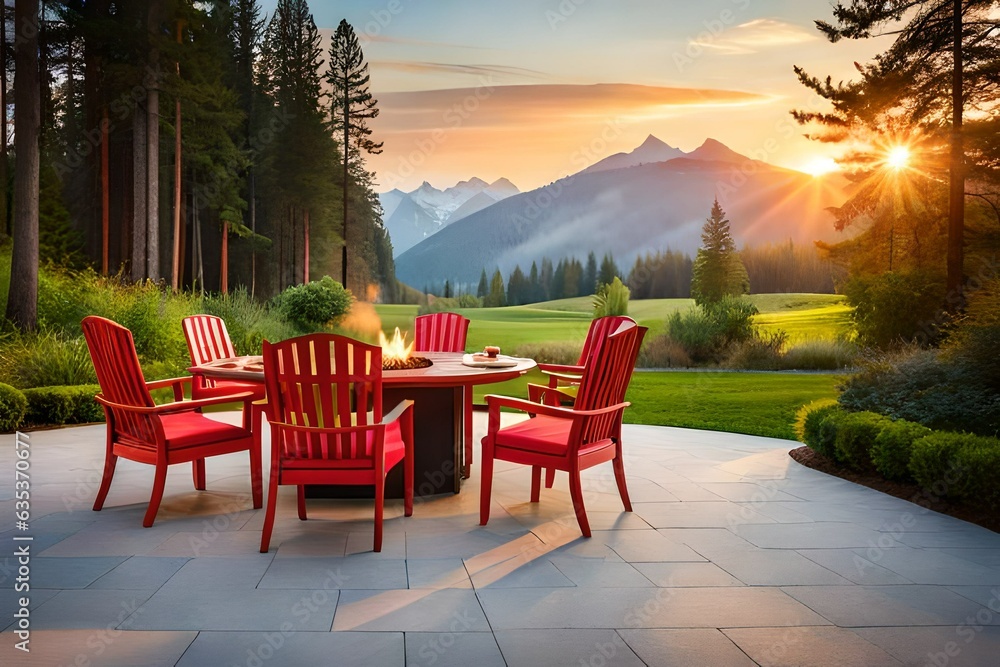 Back yard with fire pit and red chairs near newly built luxury real estate home with forest view and green grass