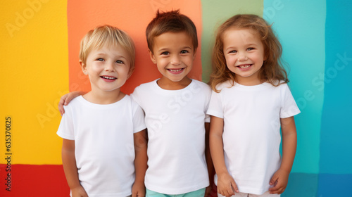 Little boys and girl wearing white t-shirts standing in front of colorful background, blank shirts with no print, 3 years old smiling toddlers, photo for apparel mock-up photo