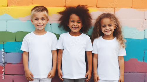 Cute toddlers wear white tees, blank t-shirts with no print, diverse little children stand together in front of colorful wall, 5 years old girls and boys, apparel mockup © Favebrush
