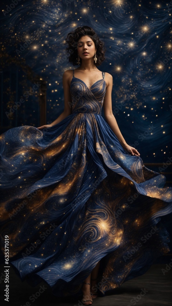 A woman in a blue dress standing in front of stars A woman in a blue dress standing in front of stars
